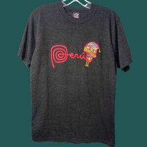 Peru Inka Llama  Embroidered Cotton T-Shirt Black/Red Size Small
